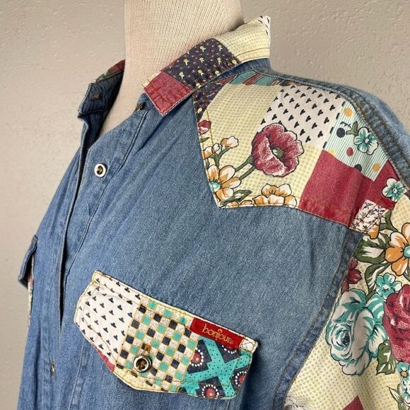 Bonjour Short Sleeve Denim and Floral Button Down Shirt Size M EUC - Picture 4 of 5